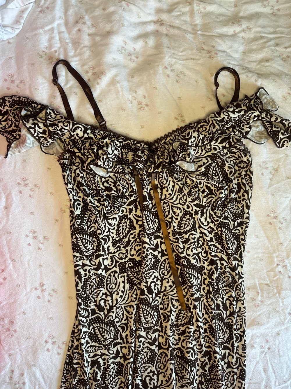 Women’s Brown and White Printed Ruffle Strap dress